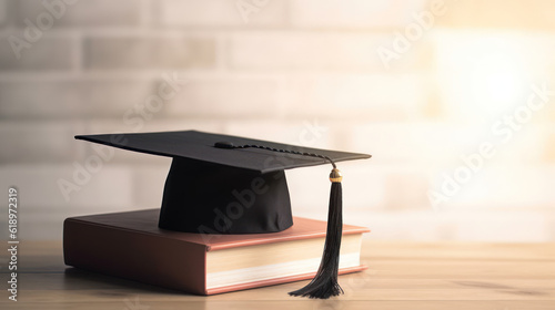 Graduate cap on a book on table in the library on blur background