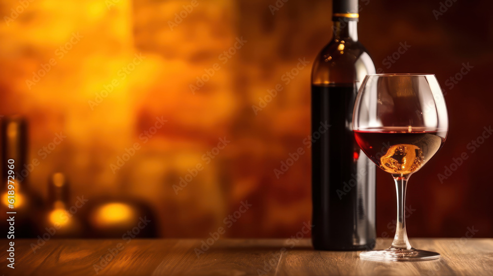 One Wine glasses and a wine bottle, copy space, restaurant background. 