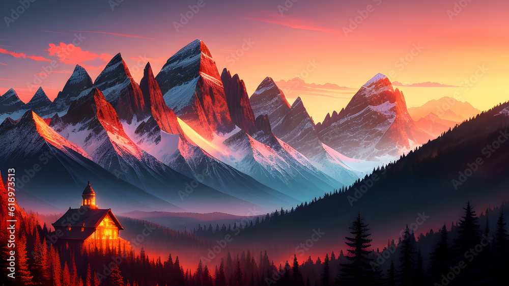 Fantasy landscape, Sunrise over the mountains 