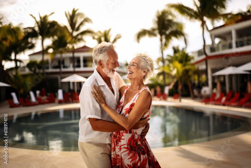 A beautiful elderly couple is dancing on the street in a tropical resort. Photorealistic illustration of Generative AI.