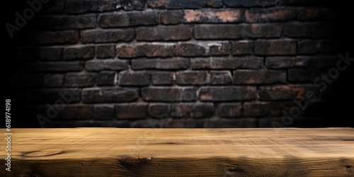 Selected focus empty brown wooden table and wall texture or old black brick wall blur background image. for your photomontage or product display. ai generative