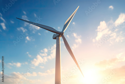 Close-up of wind turbine on blue sky background with shining sun, Generative AI