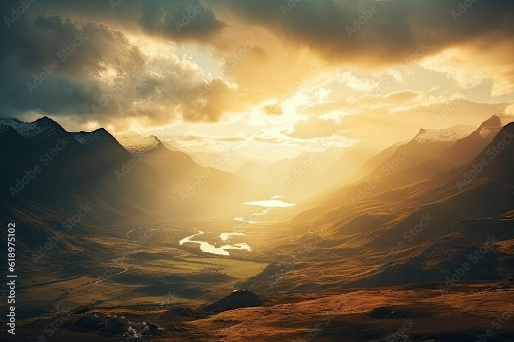 Golden sun light in highland sulfur mountains. Scenery nature view
