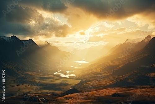 Golden sun light in highland sulfur mountains. Scenery nature view