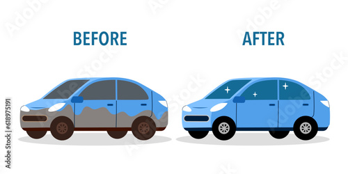 Dirty and clean car after car wash in flat design on white background.