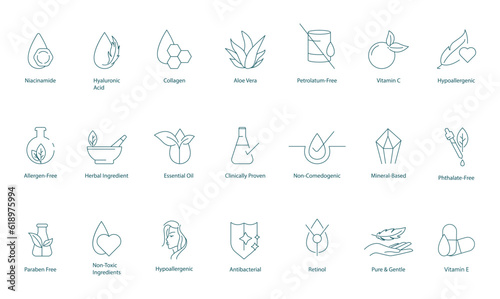 Captivating Vector Icons  Exploring the Beauty of Niacinamide  Hyaluronic Acid  Collagen  Aloe Vera  and More