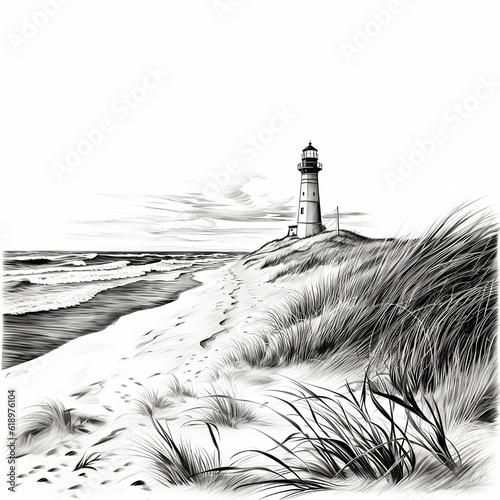 Lighthouse On A Scandinavian coast , black and white ink drawing, northern beach, Nordic nature, hand drawn illustration created with generative AI