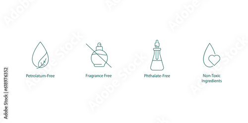 Petroleum-free,
Fragrance-free,
Phthalate-free,
Non-toxic ingredients icons vector 