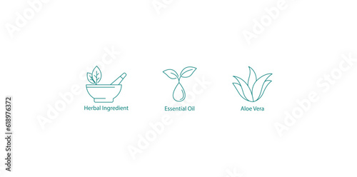 Herbal ingredients,
Essential oil,
Aloe vera, icons vector illustration 