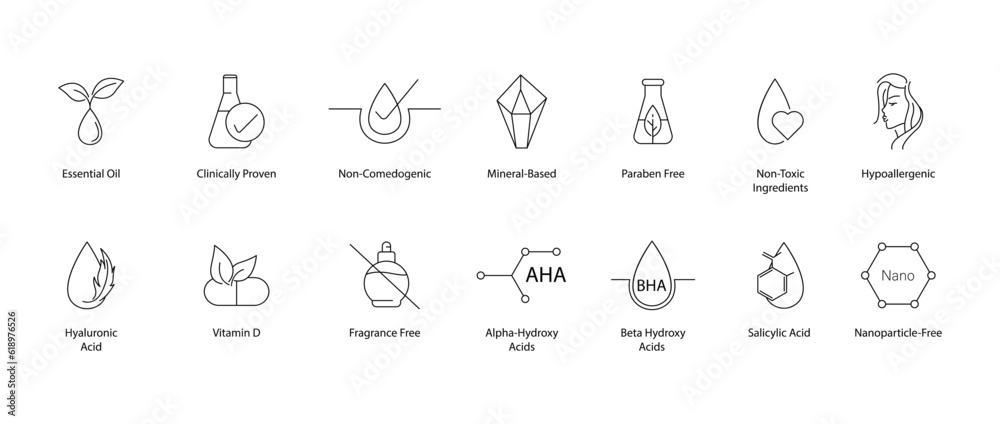Essential oil,
Clinically proven,
Non-comedogenic,
Mineral based,
Toxic free,
Paraben free,
Hypoallergenic,
Hyaluronic acid,
Vitamin D,
Fragrance free,
Alpha Hydroxy Acid,
Salicylic acid icons vector Essential oil,
Clinically proven,
Non-comedogenic,
Mineral based,
Toxic free,
Paraben free,
Hypoallergenic,
Hyaluronic acid,
Vitamin D,
Fragrance free,
Alpha Hydroxy Acid,
Salicylic acid icons vector