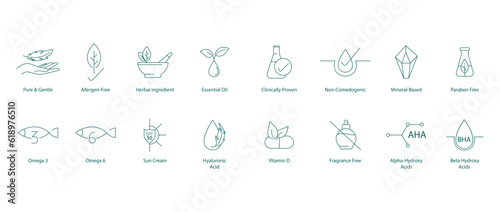 Pure gentle,
Allergen free,
Herbal ingredients,
Essential oil,
Clinically proven,
Non comedogenic,
Mineral based,
Paraben free,
Omega 3 and 6,
Sun cream,
Fragrance free,
Vitamin D Icons vector