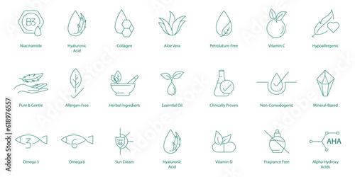 Niacinamide,
Hyaluronic acid,
Collagen,
aloe vera, 
Petroleum-free,
Vitamin C,
Retinol,
Omega-3,
Non-comedogenic,
AHA
Beta hydroxy acid,
Salicylic acid,
No paraben,
Hypoallergenic icons