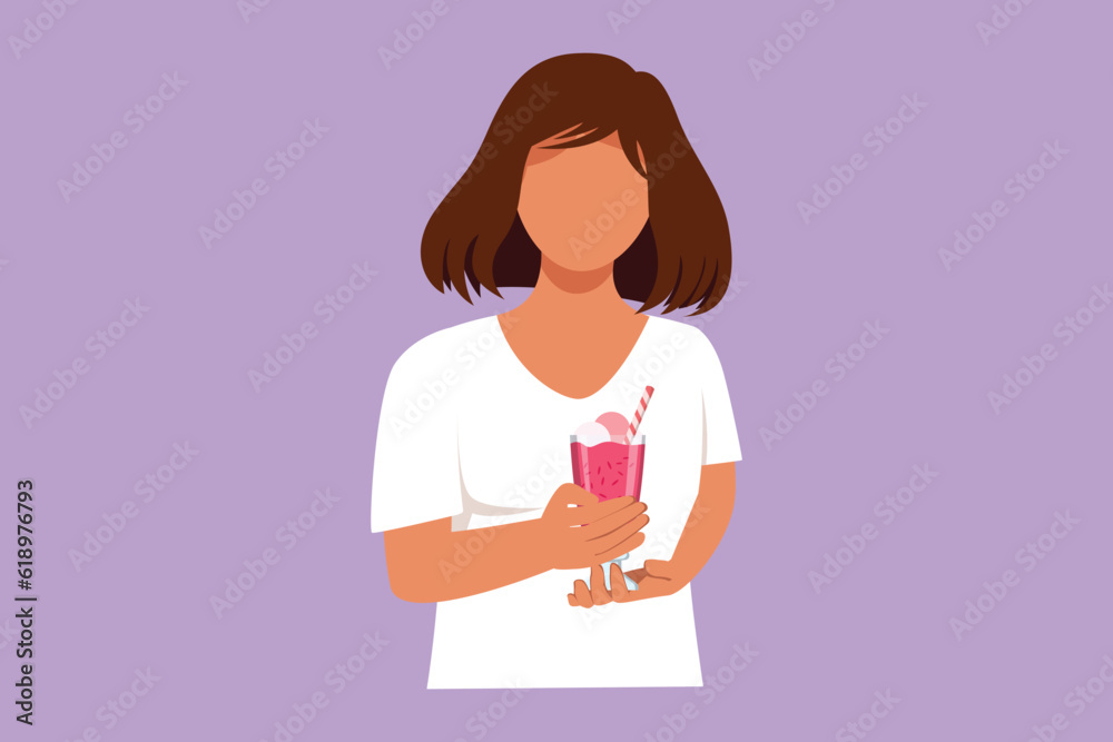 Graphic flat design drawing beautiful woman holding glass with delicious milkshake. Pretty girl holding tasty fresh milk shake with slice of orange. Strawberry drink. Cartoon style vector illustration