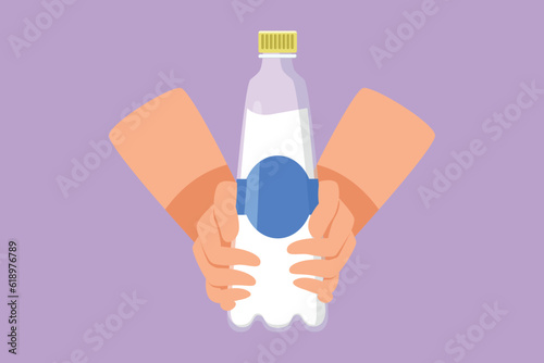 Graphic flat design drawing hands holding plastic bottle of pure drinking water refreshing and splash isolated on blue background. Hungry and thirsty for good health. Cartoon style vector illustration