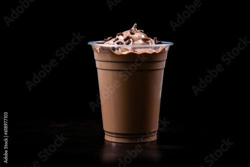 Chocolate milkshake in plastic takeaway cup isolated on black background