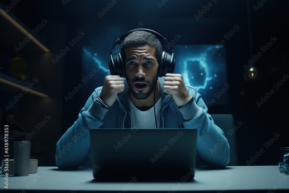 a young man in headphones working in front of a laptop monitor at home. Online streaming or online video call. Modern technology. Generative Ai a young man in headphones working in front of a laptop monitor at home. Online streaming or online video call. Modern technology. Generative Ai