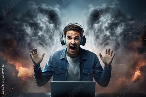 a young man in headphones working in front of a laptop monitor at home. Online streaming or online video call. Modern technology. Generative Ai