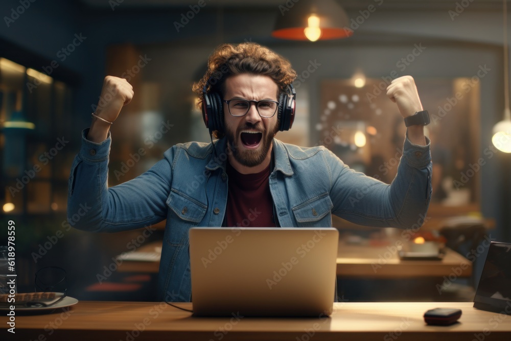 a young man in headphones working in front of a laptop monitor at home. Online streaming or online video call. Modern technology. Generative Ai a young man in headphones working in front of a laptop monitor at home. Online streaming or online video call. Modern technology. Generative Ai