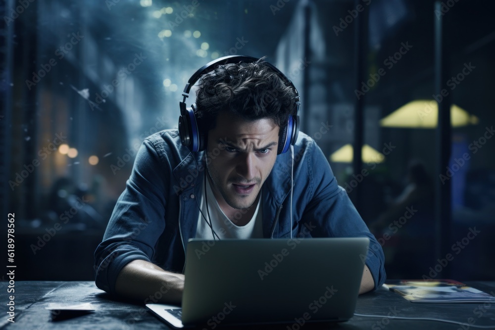 a young man in headphones working in front of a laptop monitor at home. Online streaming or online video call. Modern technology. Generative Ai