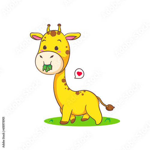 Cute happy giraffe eating grass cartoon character on white background vector illustration. Funny Adorable animal concept design. © crystal_snow