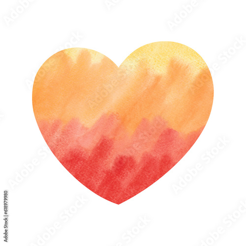 Watercolor heart in red, orange, yellow shades isolated on white background. drawn by hand. Element for design, decoration, for the holiday, invitation, postcard. Texture, watercolor, autumn stain.