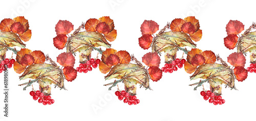 Seamless rim with watercolor autumn composition. Mushroom slippery jack and leaves and currant on white background. Hand-drawn forest food for frame sketchbook or coloring book. Border for kitchen
