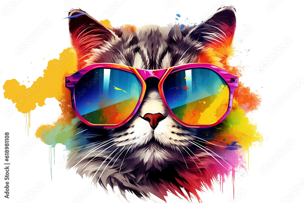 Cool cat wearing big cool sunglasses on a transparent background (PNG). Generative AI.
