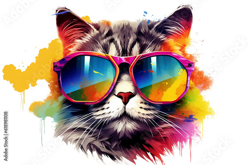 Cool cat wearing big cool sunglasses on a transparent background (PNG). Generative AI. © Katawut