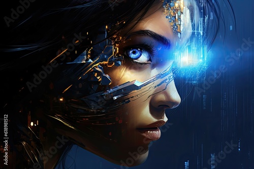 Future woman with cyber technology eye panel concept