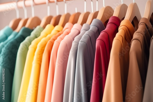 Colorful shirts on hangers in wardrobe, closeup. Fashionable clothes