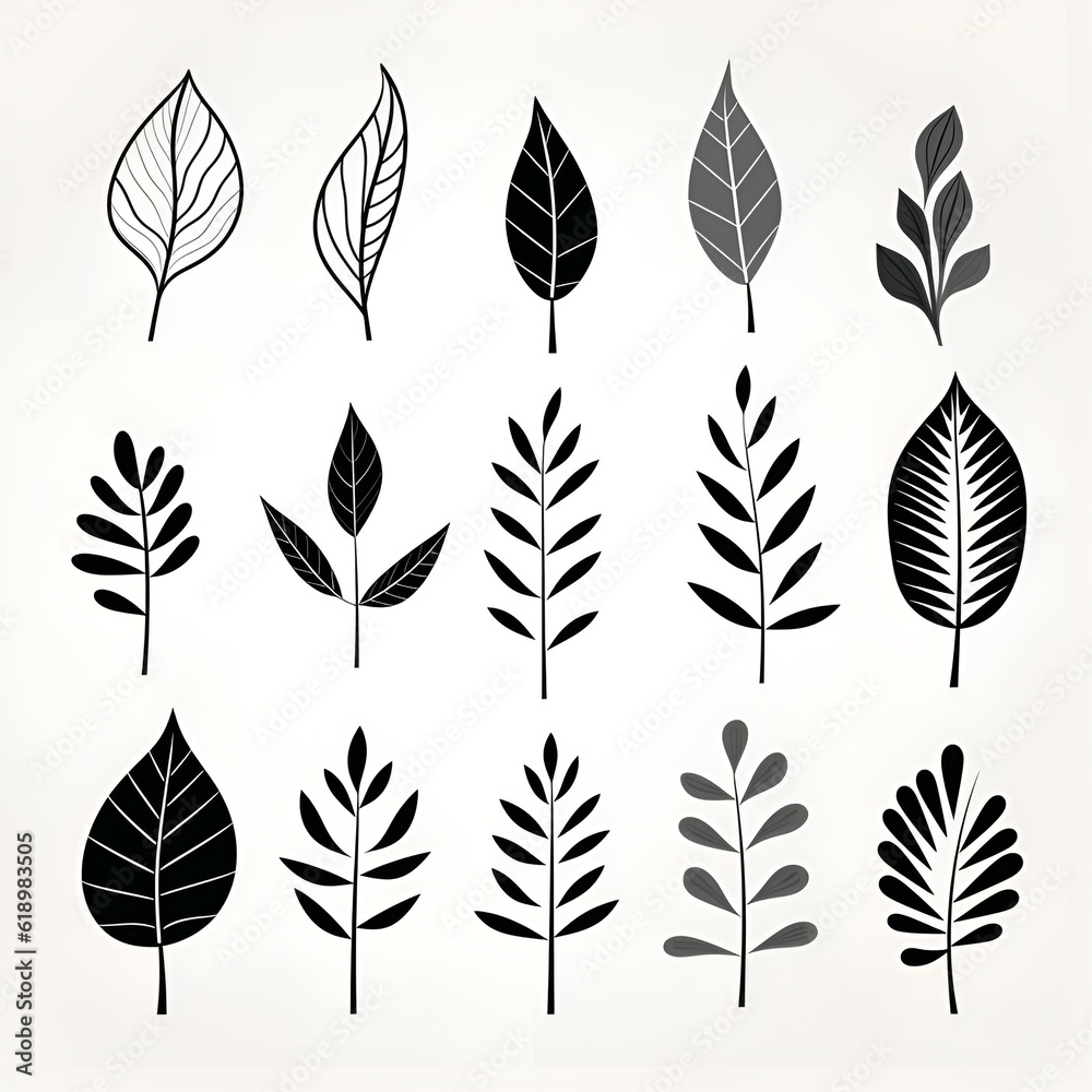 Serene botanical sketches: celebrating the tranquility of monochromatic plant leafs
