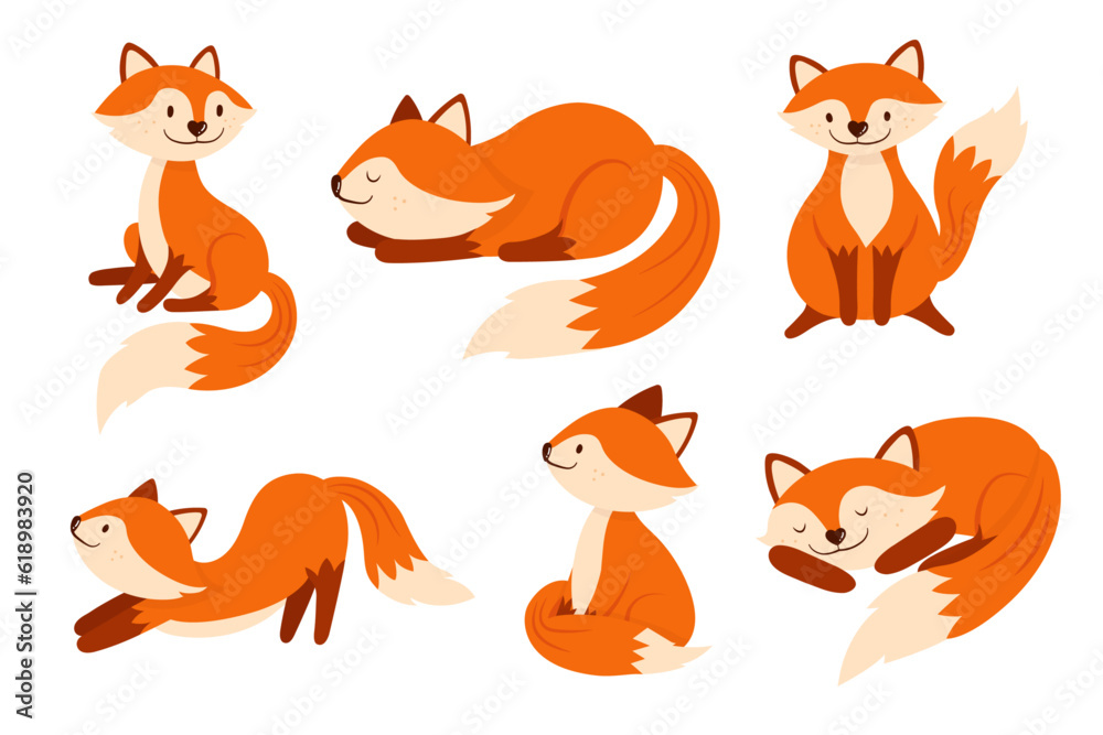 Set of cute cartoon fox in different actions. Vector in flat style. Set of cute cartoon fox in different actions. Vector in flat style.