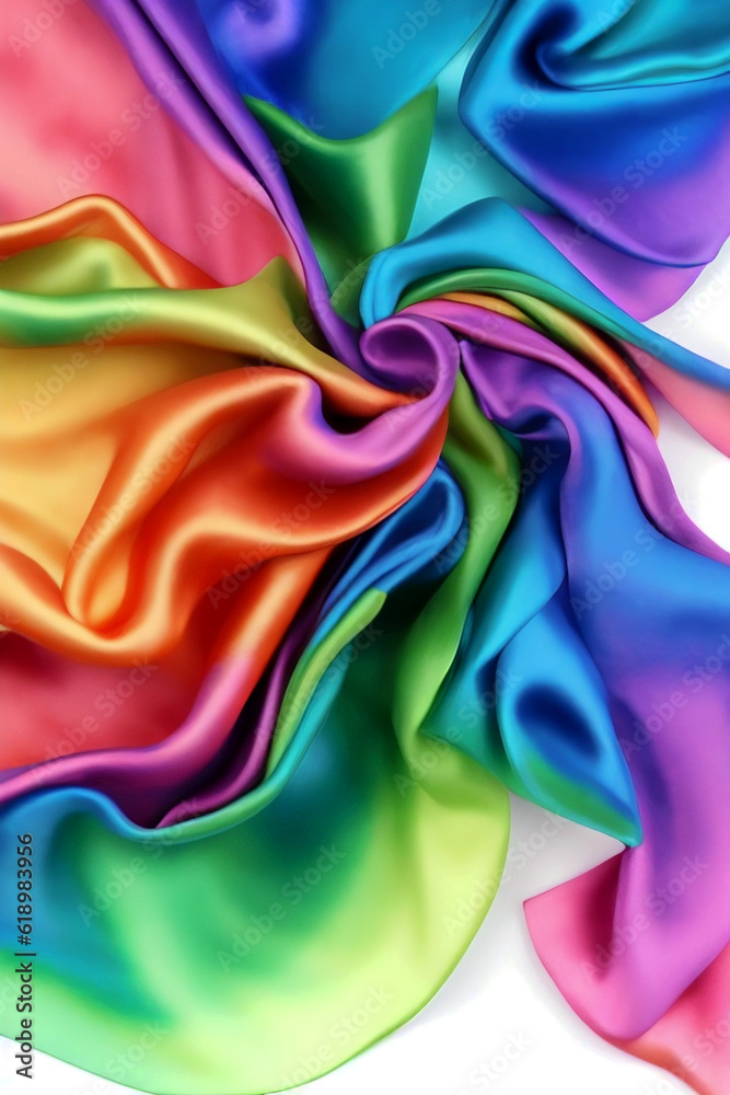 The Texture of Satin Fabric in Rainbow Colors Spiral Wave for Background. Wallpaper Design Element for Banner, Poster, Cover. AI Generated.