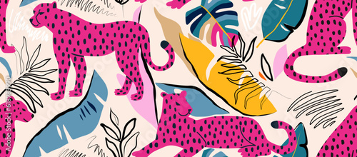 Leopard and tropical leaves seamless pattern.