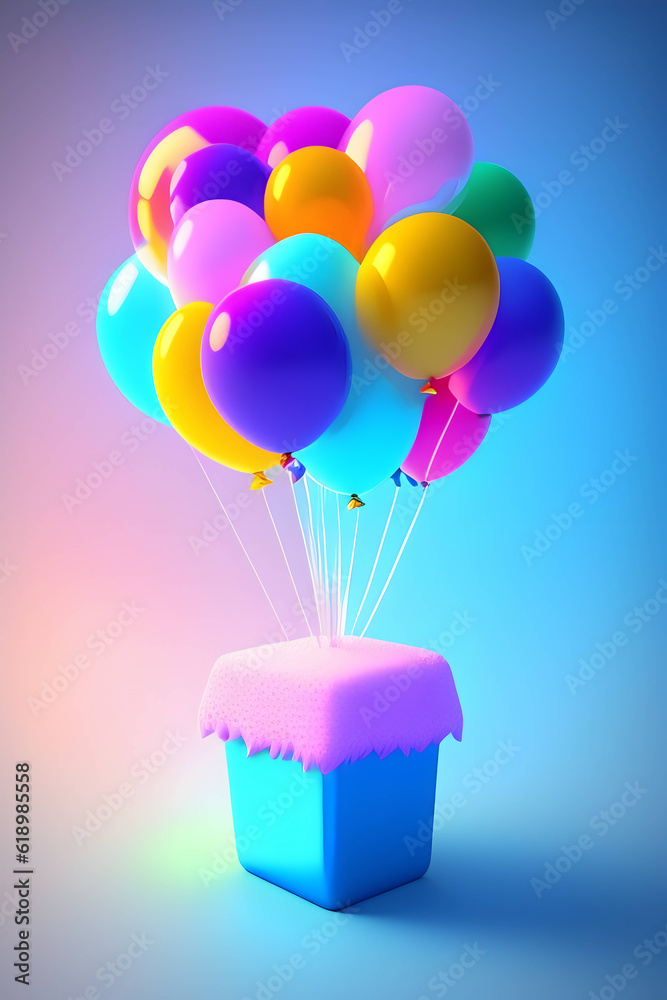 3D rendering of gift box and balloons on blue pastel background ...