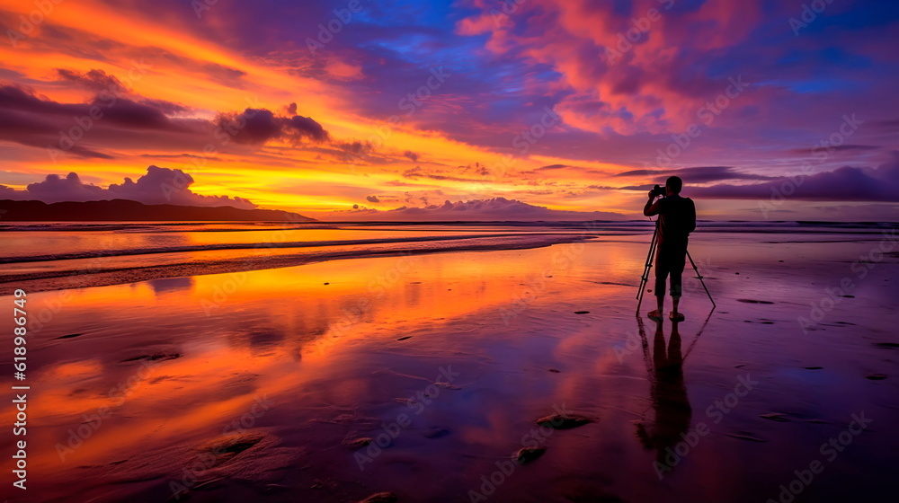 photographer capturing the moment of sunset on the ocean.
