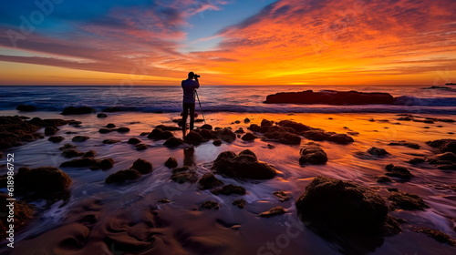 photographer capturing the moment of sunset on the ocean. © Лилия Захарчук