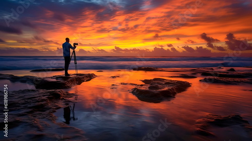 photographer capturing the moment of sunset on the ocean. © Лилия Захарчук
