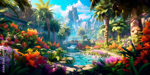 landscape with a tropical garden, where palm trees, bamboo and exotic flowers shine in bright colors. © Лилия Захарчук