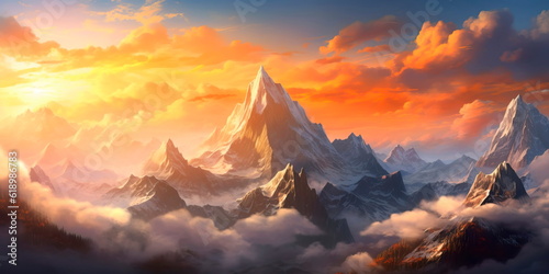 with huge mountains rising above the clouds and illuminated by the rays of the sun. © Лилия Захарчук