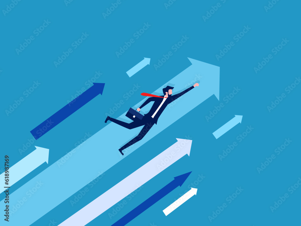 Business growth. Businessman flies with arrows. vector illustration