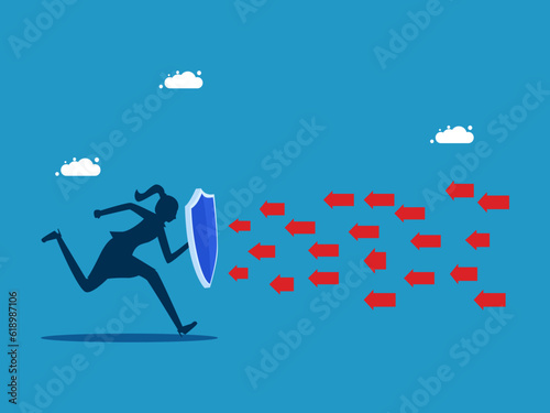 Different ideas or opposite trends. Running woman holding a protective shield and resisting the red arrow vector