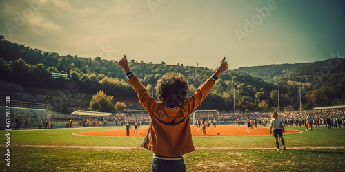 football field where a boy scores a goal  rejoicing in his success.