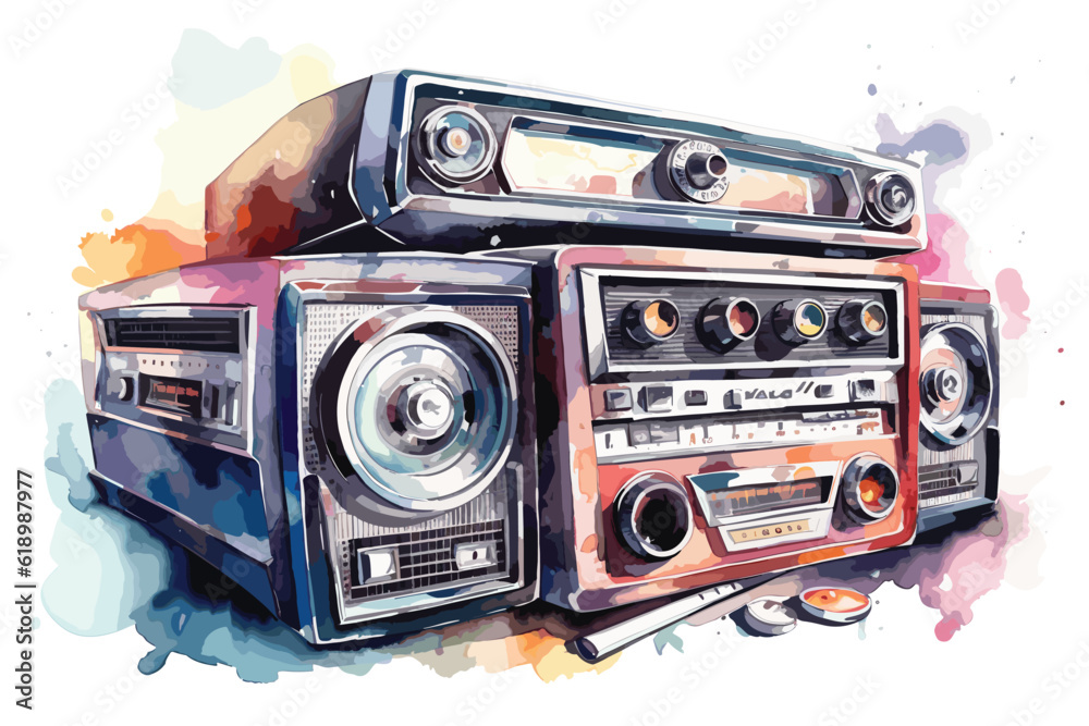 Old car radio cassette watercolor white background.