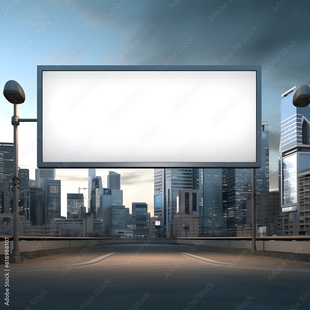 Blank billboard standing tall against a futuristic city backdrop