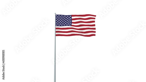 Animation of America waving flag on flag pole with alpha channel transparent background
