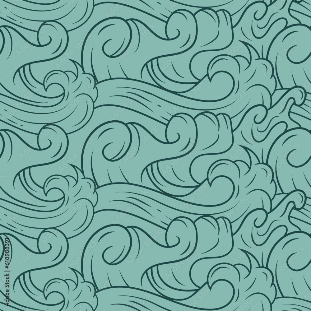 Seamless pattern oriental ocean waves with cartoon style. Vector illustration background