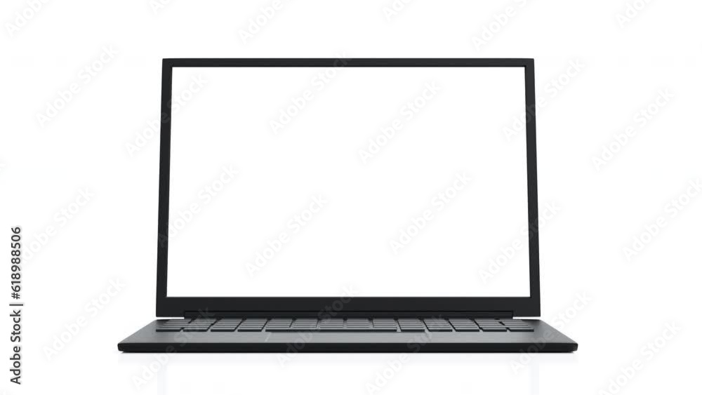 Laptop computer notebook turn around and open to show blank screen display, application website promotion presentation, 3D rendering 4K UHD.