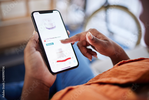 Phone, beauty ecommerce or hands of woman on homepage display for online shopping. Dermatology cosmetics, house or girl on website to search for cream or skincare cosmetics on mobile app ux screen