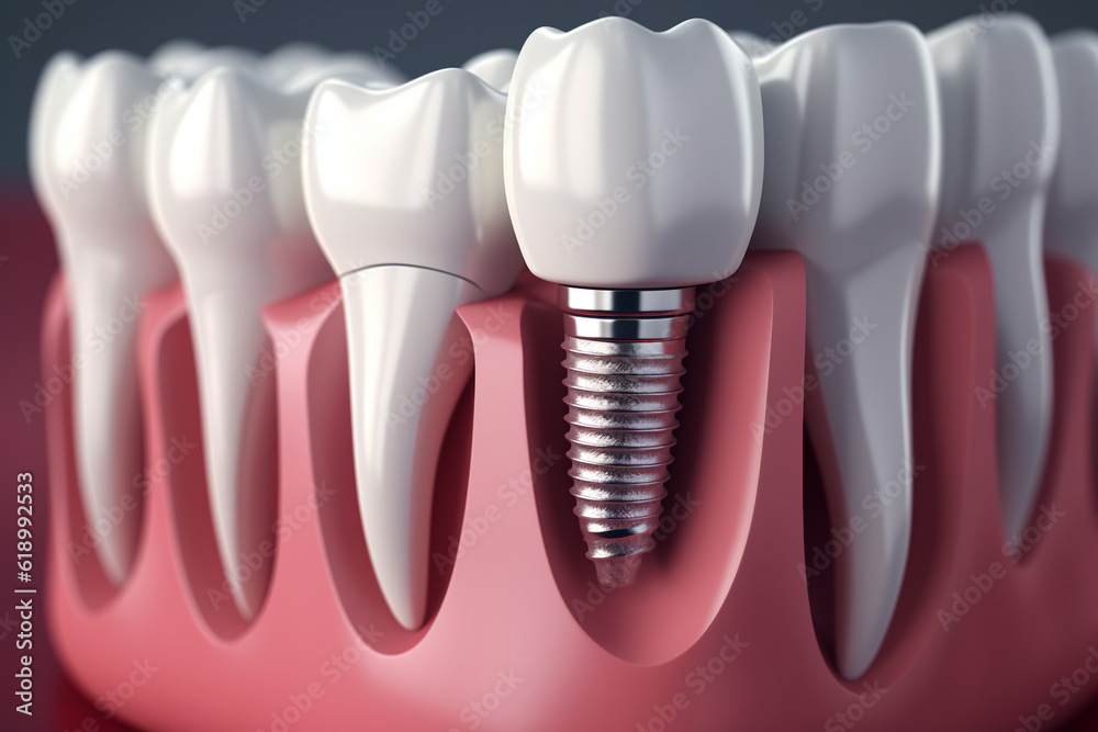 Dental implantation, teeth with implant screw, 3d illustration Dental implantation, teeth with implant screw, 3d illustration